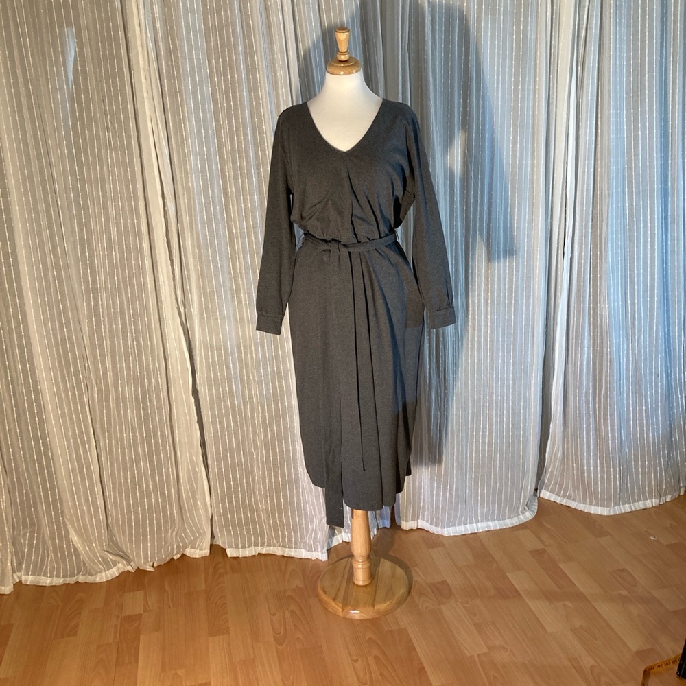 Zapelle Grey Midi Dress Women’s M/L Cotton Stretch Waist Tie Side Zip